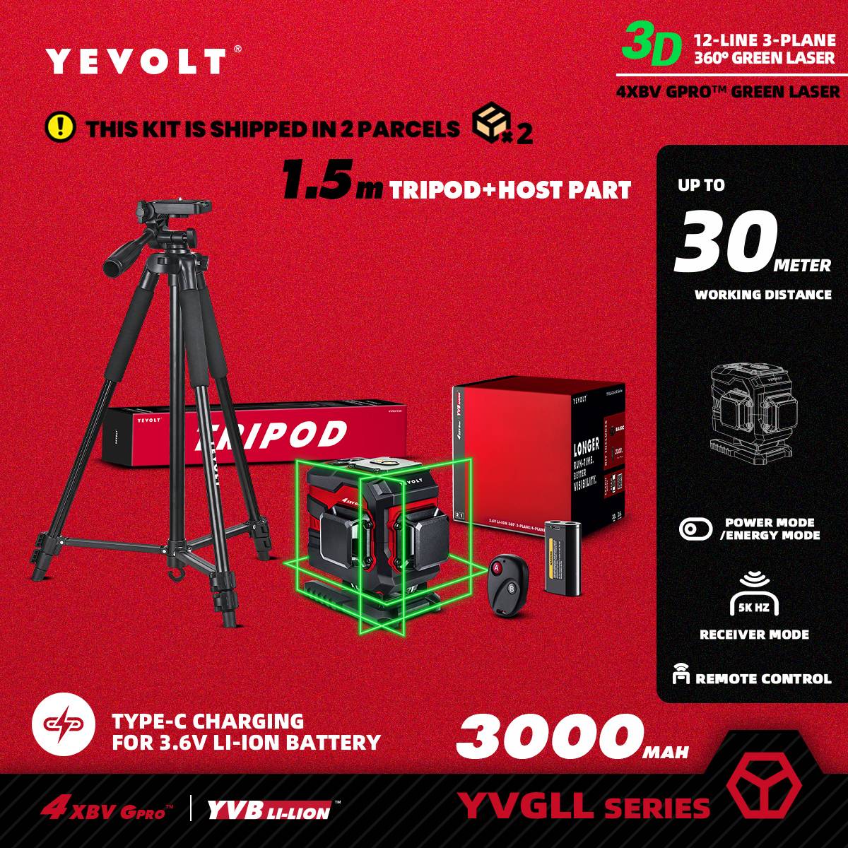 Nível a Laser Verde YEVOLT Série YVGLL4XS12T 3 Planos 12 Linhas Autonivelante 360 3D Horizontal & Vertical Ferramentas de Medição de Energia
