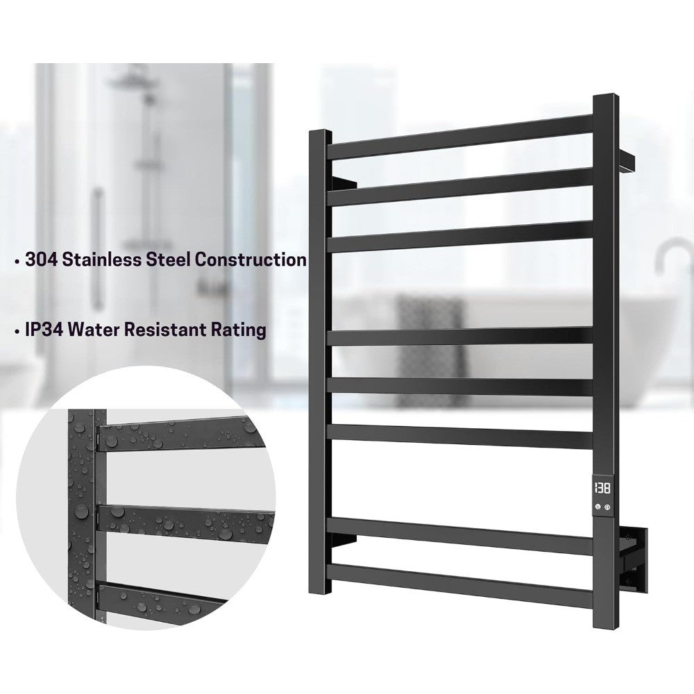 Matte Black 8-Bar Towel Warmer with Quick Heat, Auto Shut-Off and Hardwired or Plug-In Options - Perfect for Warming Towels