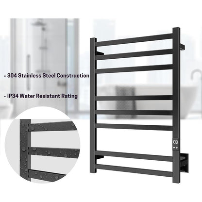 Matte Black 8-Bar Towel Warmer with Quick Heat, Auto Shut-Off and Hardwired or Plug-In Options - Perfect for Warming Towels