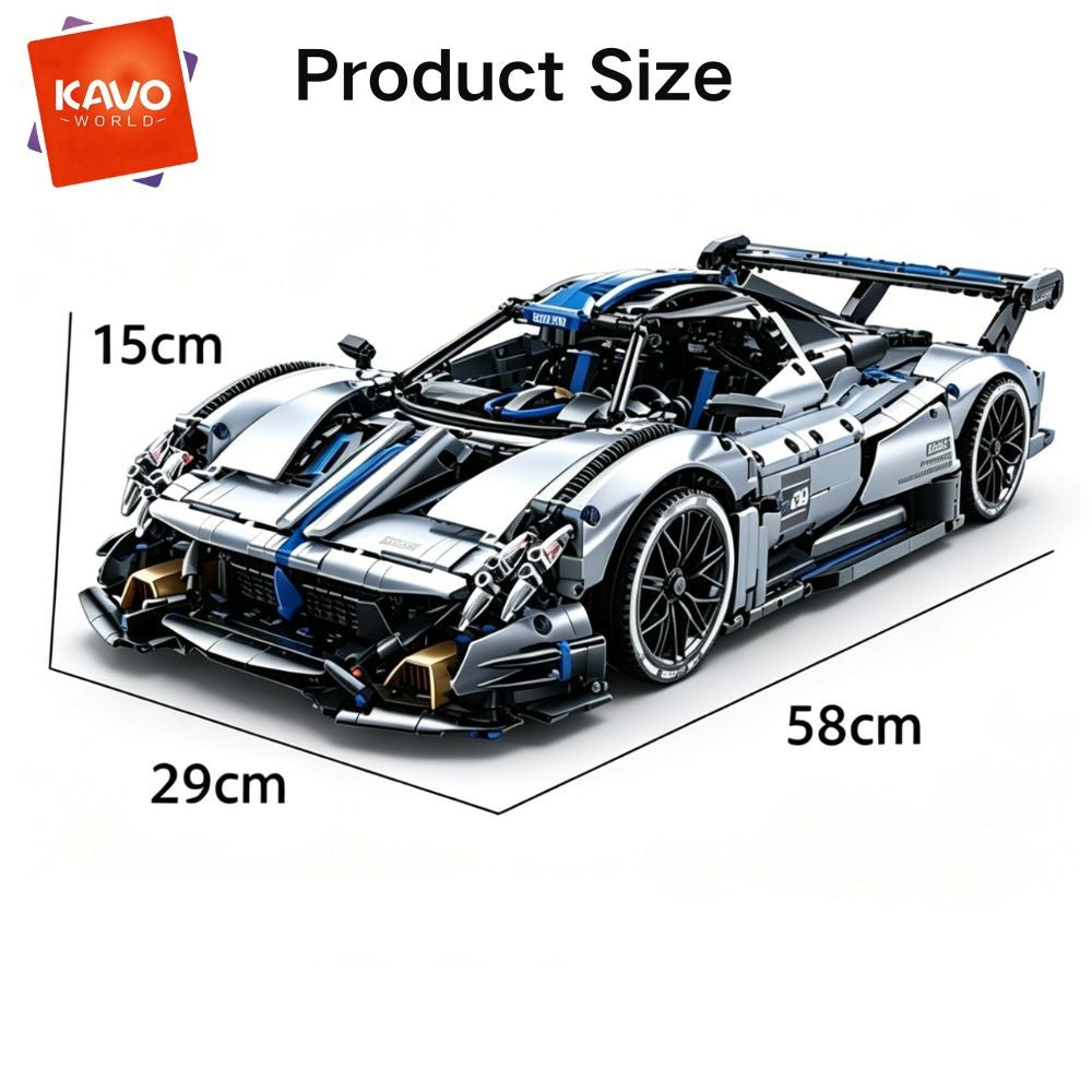 KAVOWORLD 1:8 Scale Silver-Blue Technical Super Racing Sports Car Building Blocks Set 3526pcs DIY STEM Assembly Premium ABS Racing Car Building Bricks Toy Model with Rear Linkage Engine & Track Wing, Ideal Birthday Christmas Gift for Teens Adults