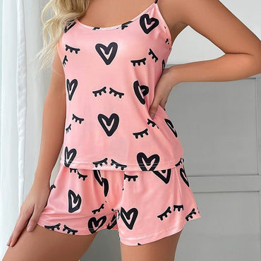 Pijama para Mujer 2 Piezas - Estampado de Corazón, Camisola + Pantalones Cortos | Ropa de Dormir Veraniega Bonita y Cómoda para