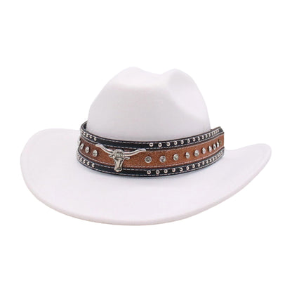 Fashionable Wide Brim Hat with Rhinestone Bull Belt - Trendy Cowgirl Cap for Men and Women Perfect for Outdoor Activities