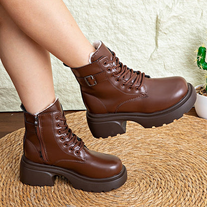 Brown Retro  Boots For Women British Style2025Autumn And Winter New Thick-Soled Height-Increasing Short Boots With