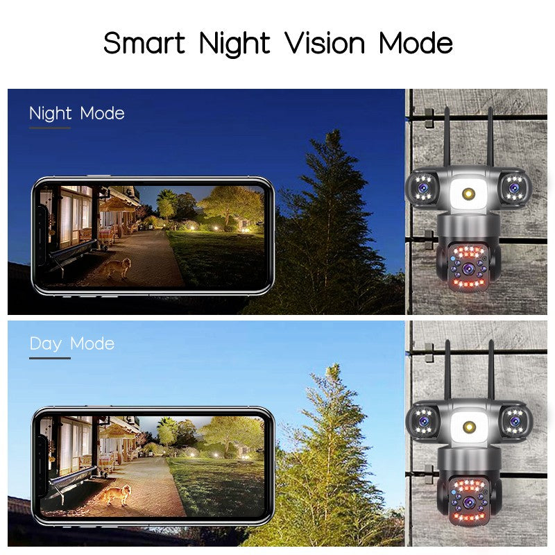 Câmera IP WiFi Externa 15MP 8K Lentes Triplas Telas Triplas Monitor de Vídeo de Segurança Visão Noturna Zoom 10X Câmeras CCTV à Prova d'Água