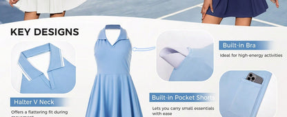 Fisoow Women's Tennis Skirt with Built in Shorts and Bra, Summer Backless Hanging Neck V-neck Yoga Golf Exercise Mini Dress