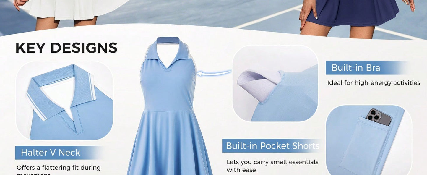 Fisoow Women's Tennis Skirt with Built in Shorts and Bra, Summer Backless Hanging Neck V-neck Yoga Golf Exercise Mini Dress