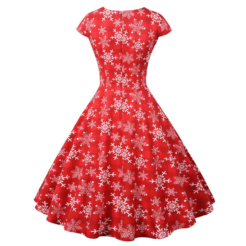 Fashion V-neck Short Sleeve Printed Christmas Dress Large Swing Vintage Elegant Xmas Party Dress