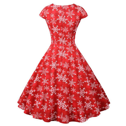 Fashion V-neck Short Sleeve Printed Christmas Dress Large Swing Vintage Elegant Xmas Party Dress