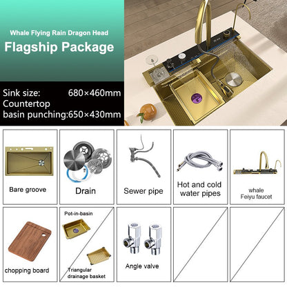 Stainless Steel Golden Kitchen Sink Multifunctional Waterfall Outlet Single Slot Piano Button Digital Display