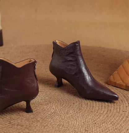 Elegant with Medium Heels Booties Autumn Winter Fleece-Lined Female Short Shoes Pointed Toe Leather Chelsea Women's Ankle Boots