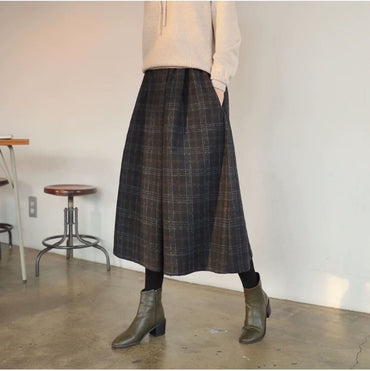 Women Elastic High Waist Woolen Pants Autumn Winter New Plaid Wool Wide Leg Pants Female Casual Loose Ankle-Length Skirts Pants