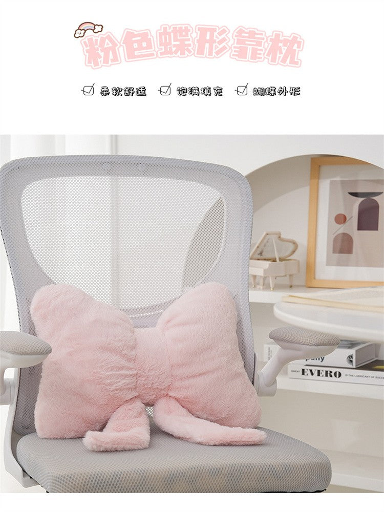 Pink bow ribbon couch pillow imitation rabbit fur comfortable car seat cushion ins style simple all-match back cushion
