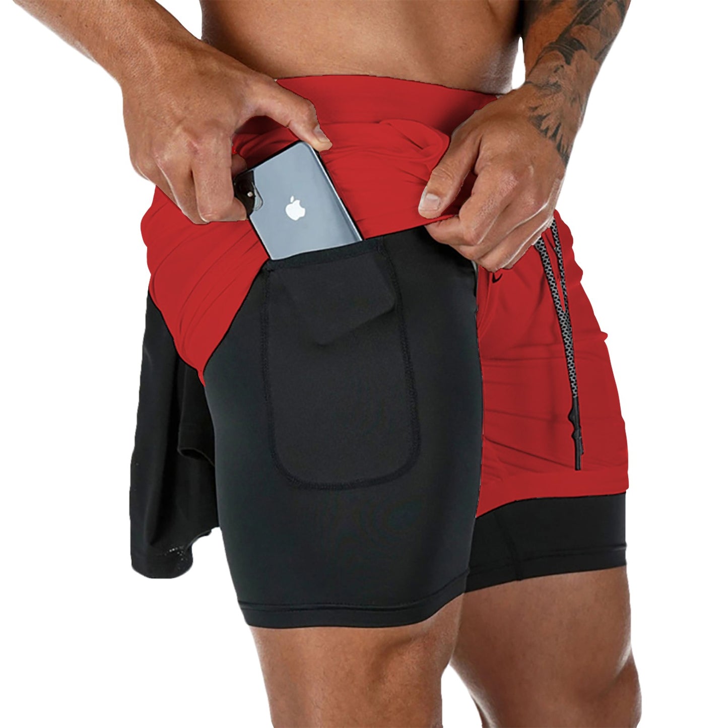 Men's Double Layer Fitness Shorts Drawstring Mesh Lining Elastic Waist Breathable Quick Dry to Beach Pool Summer Male