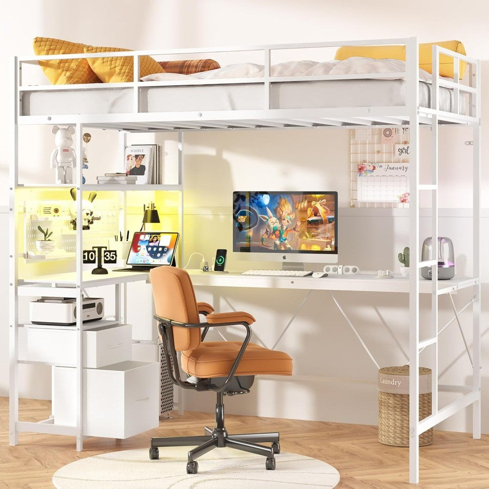 Yoobure Loft Bed Twin Size with L-Shaped Desk, LED Lights Charging Station LED Metal Twin Loft Bed Frame with 2 Storage Drawers