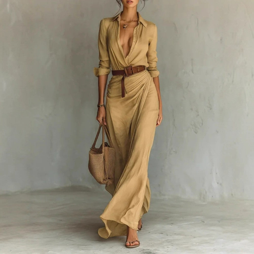 2025 Buttons Draped Chic Party Dress Spring Autumn Women Turn Down Collar Simple Maxi Dress Long Sleeve Elegant Ladies Dress
