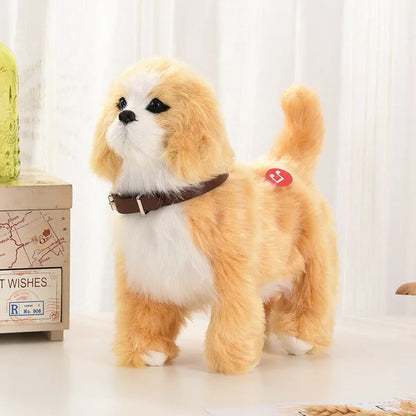Novo brinquedo de simulação de cachorro elétrico com controle de voz, que anda, acena a cabeça, toca música e é um robô de pelúcia para crianças.