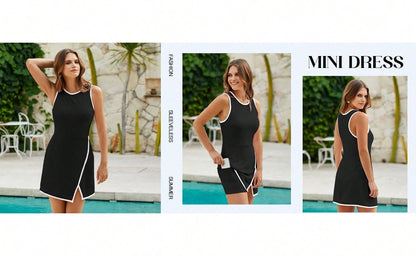 Women's Tennis Dress With Built-In Shorts & Pockets, Sleeveless Athletic Mini Dress With Bra, Golf Sports Dress