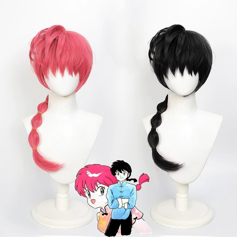 Ranma 12 Saotome Ranma Cos Peruca Trança Lanterna Cabelo Preto Vermelho Top, Peruca Sintética de Cosplay do Protagonista Ranma de Quadrinhos Saotome