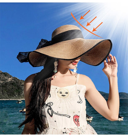 Women Summer Beach Travel Straw Hat Korean Seaside Big Hat Brim Sunblock Sunshade Holiday Foldable Fashion Big Cool Hat