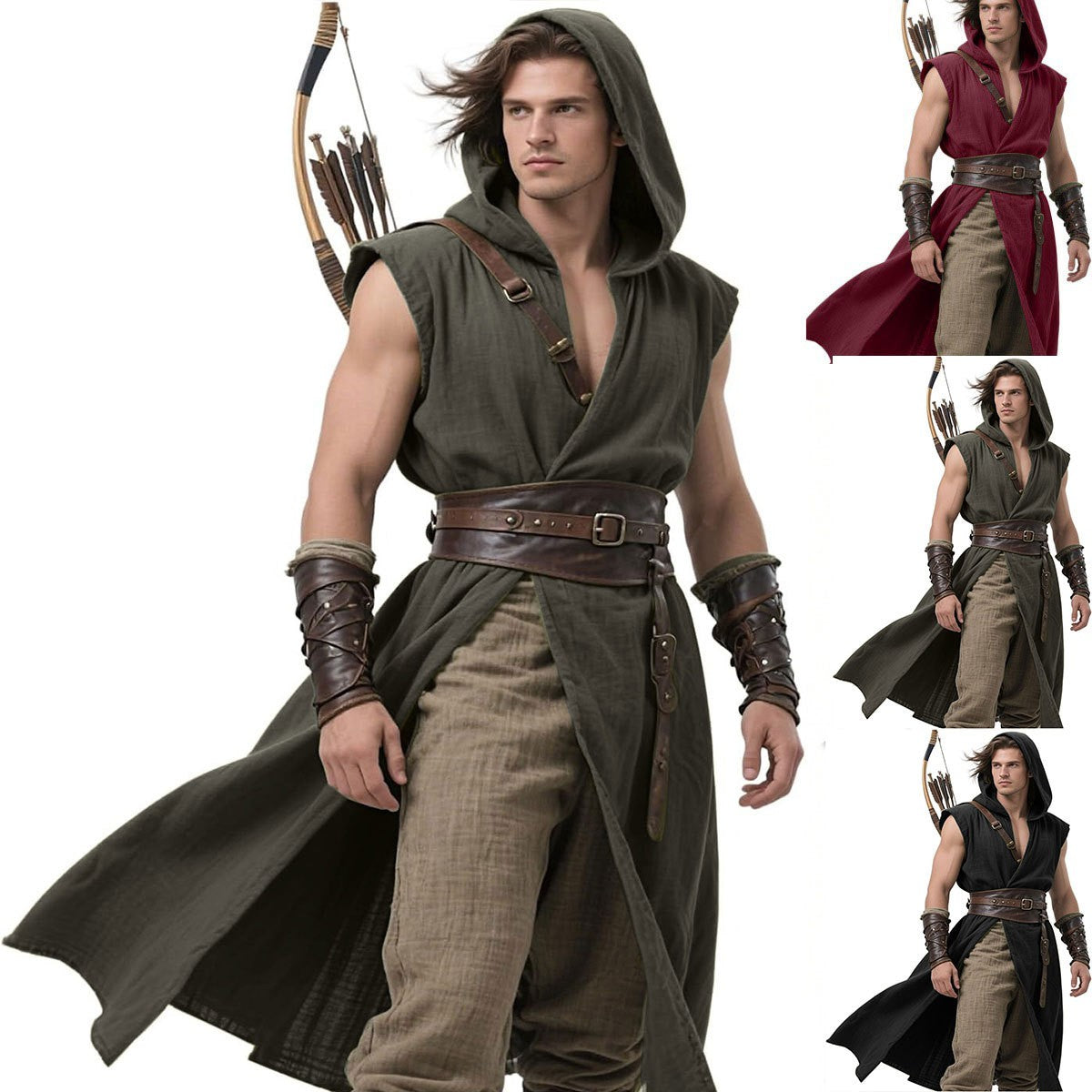 Men's Medieval Hooded Surcoat Renaissance Tabard Sleeveless Tunic Cloak Viking Costume Holloween Assassin Cosplay