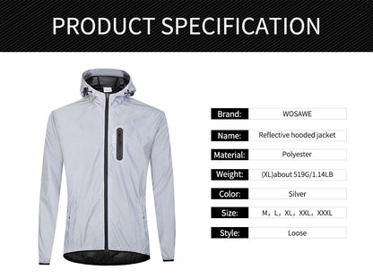 WOSAWE Full Reflective Jacket with Hoodie High Visibility Waterproof Wind Breaker Men Women Hiking Cycling Running Safety Vest