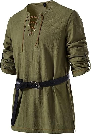 Men's Medieval Lace Up Tunic Shirt Renaissance Viking Pirate Costume Long Sleeve Retro Tops with Belt for Halloween Cosplay