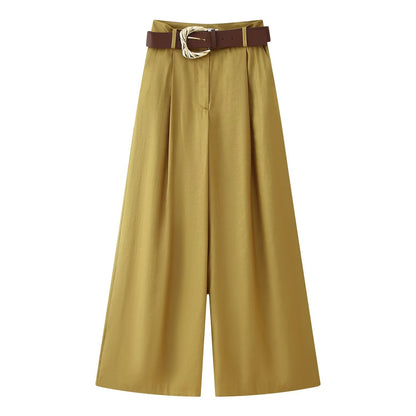 HH Women New Fashion Solid Belt Wrinkles Decorate Casual Loose Trousers Female Chic Zipper Side Pocket Slim Wide Leg Pants