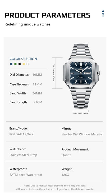 POEDAGAR Square Fashion Man Wristwatch Waterproof Luminous Date Week Quartz Men's Watches Stainless Steel Luxury Men Watch Reloj