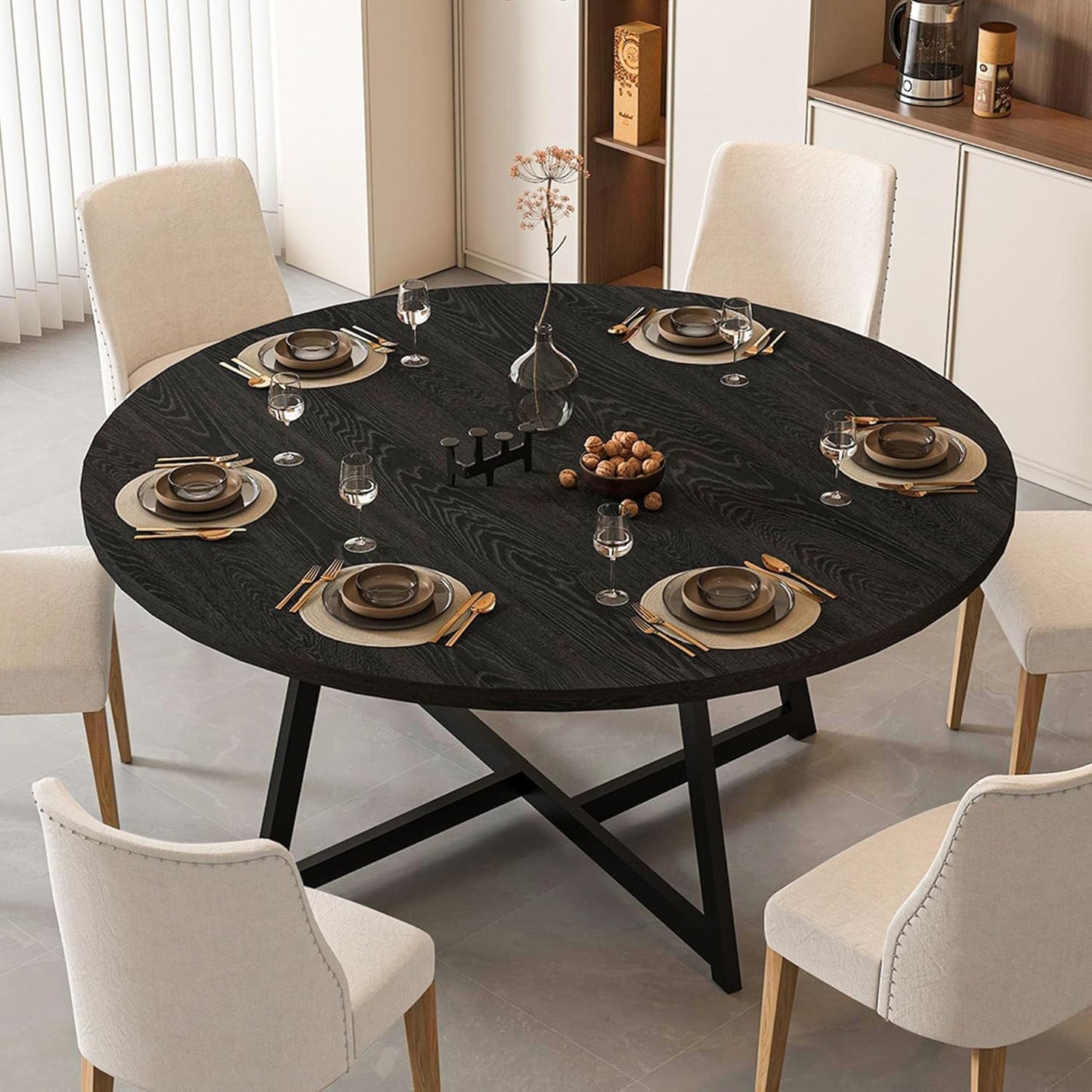 Large Round Dining Table for 6-8,Wooden Dinner Table with Heavy Duty Metal Pedestal Base,for Kitchen Living Room, 59 Inch, Black
