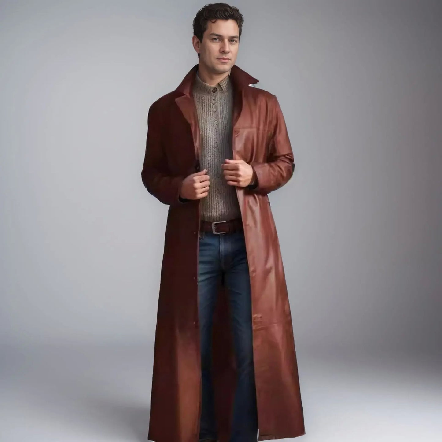 2024 New Men's Long Leather Jackets Goth Punk Button Trench Coat Solid Lapel Collar Long Pu Windbreaker Winter Leather Coats