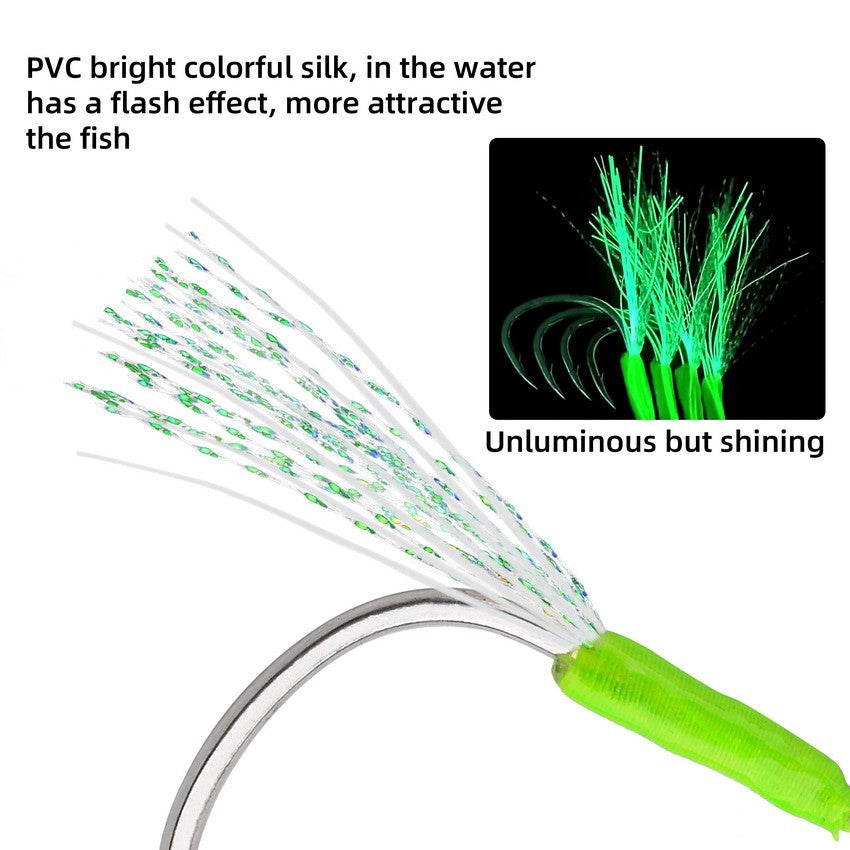Anzóis Jig Assist 5 Peças, Linha de Aço Inoxidável de Alta Resistência, Tubo Luminoso, Pena, Anel Sólido, Anzol de Jigging, Anzóis de Pesca de Barco
