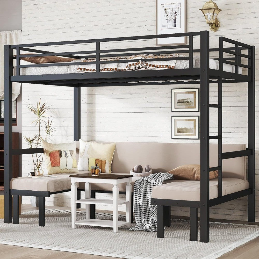 Over Full Bunk Bed with Guardrails, Convertible Metal Loft Bed with Sofa & Lower Bed, Full Size Bunk Beds Pull-Out