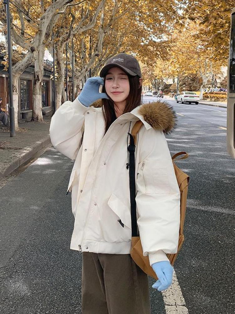 Winter Solid Long Sleeve Hooded Down Cotton Coat Tops Korean Women's Single Breasted Zipper Hooded Cardigan Short Jacket Thick