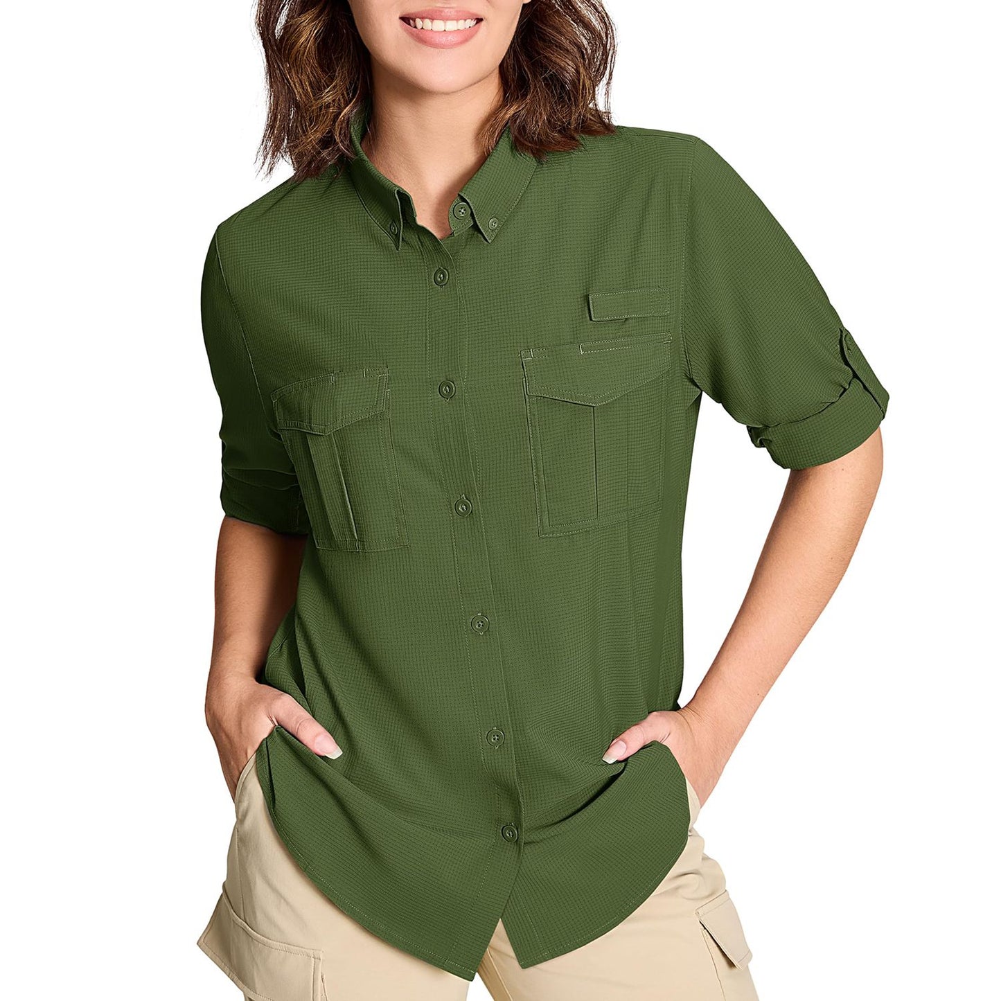 TACVASEN Womens UPF 50+ Fishing Shirts UV Block Quick Dry Long Sleeve Cargo Shirts Breathable Mesh Outdoor Trekking Hiking Shirt