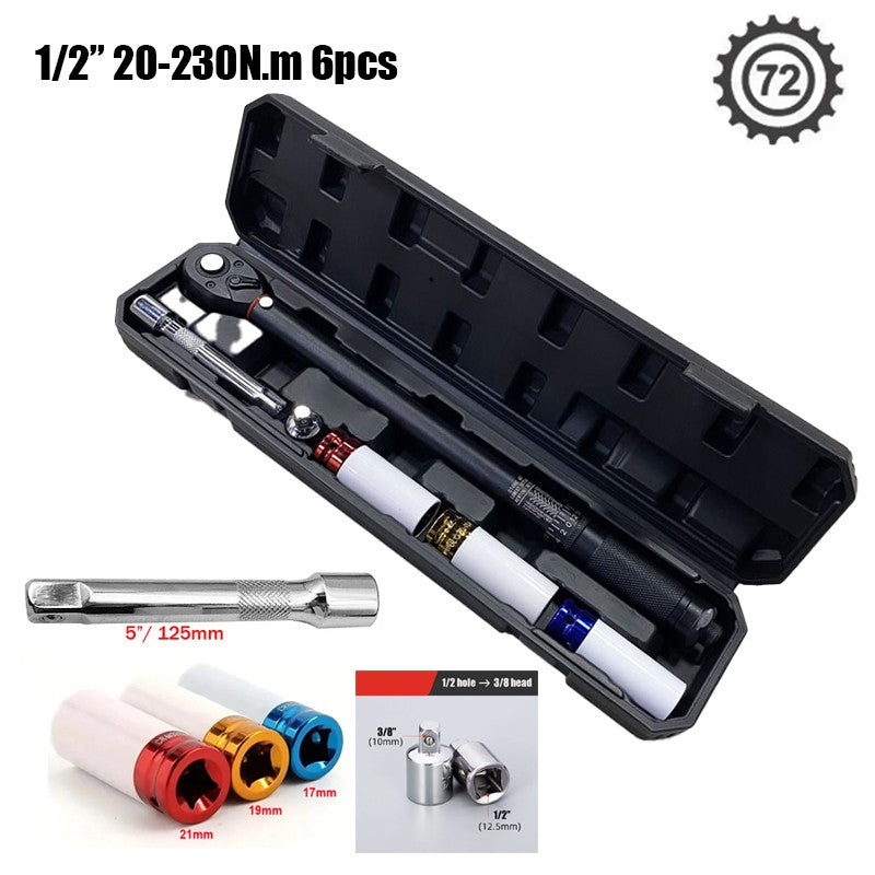 Chave Torquímetro 72T 1/2'' 3/8'' 1/4'' com Pré-ajuste para Bicicletas e Carros, Chave Catraca de Duas Vias, Ferramentas Manuais Automotivas