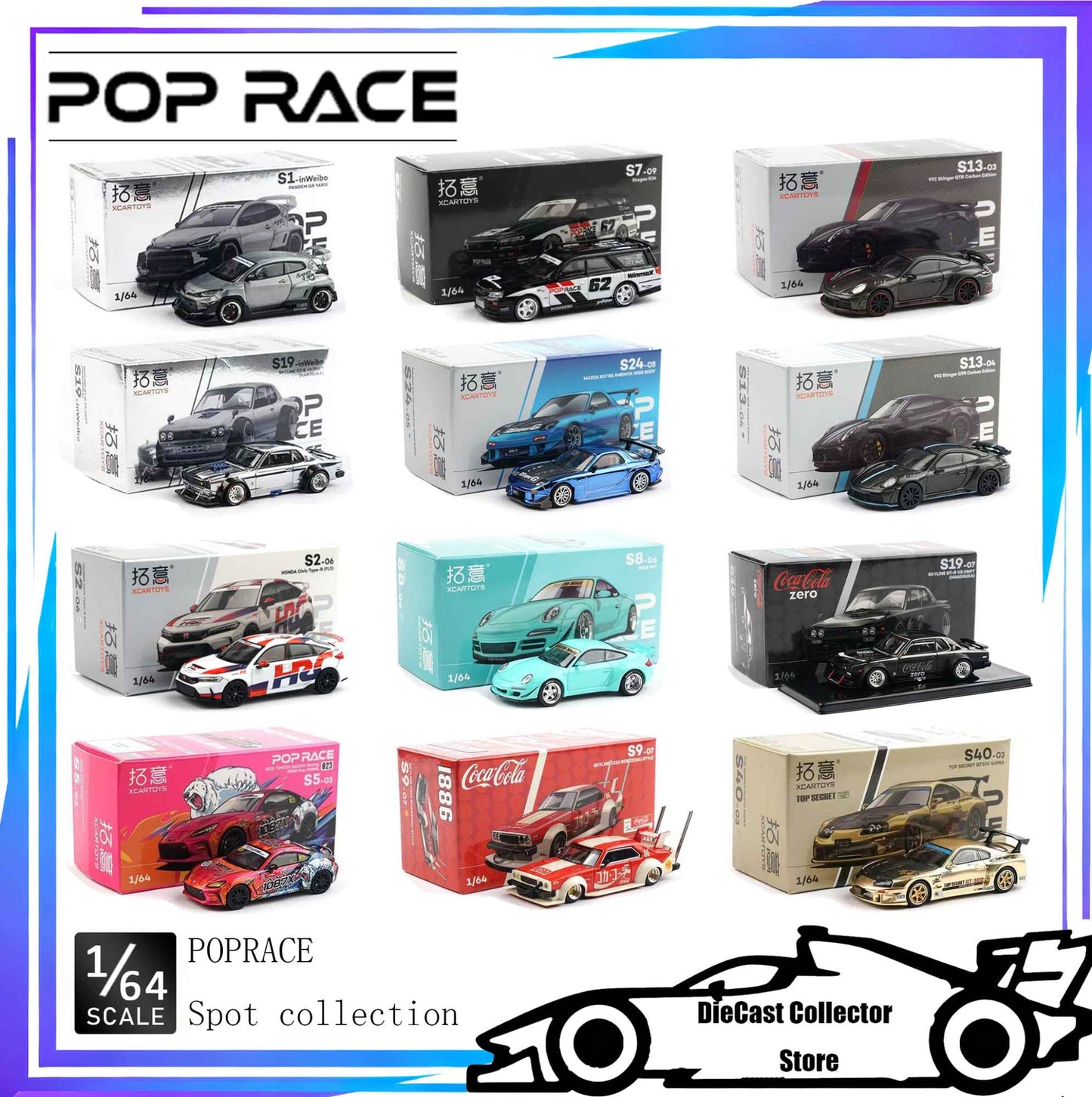 POP RACE 1/64 Porsche RWB Skyline GTR PANDEM DATSUN Mazda RX7 Toyota Coleção de Carros Miniatura de Liga Fundida em Vitrine