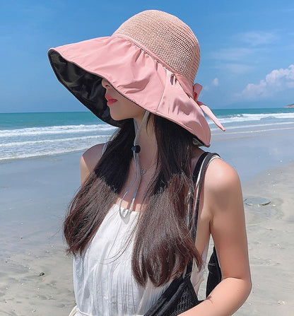 Summer Sun hat women's straw woven anti ultraviolet sun visor hat with big brim seaside black glue breathable Bucket hat sun hat
