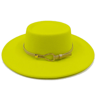 Acessórios femininos de fivela de couro metal com chapéu de feltro de pele com top côncavo e convexo, chapéu fedora e conjunto de bolsa combinando, estilo retrô