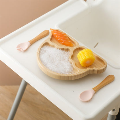 Baby Wooden Tableware Set Could Bamboo Wooden Plate Bowl Silicone Suction Wooden Handle Fork Spoon for Children Feeding Supplies