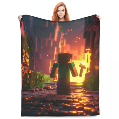 Cartoon Mines Pixel Game Crafts Flannel Blanket Super Warm Throw Blanket for Home Decor Decorative Street Trend Bedspread
