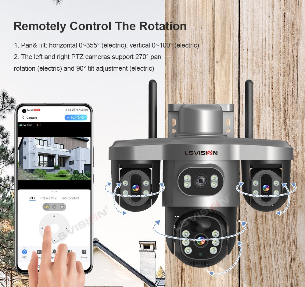 LS VISION Multiple Lens 3 Screen Wifi Outdoor Security Solar  Camera Panoramic Monitor Mobile   Siren Alarm Solar CCTV Camera