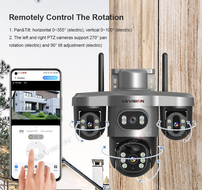 LS VISION Multiple Lens 3 Screen Wifi Outdoor Security Solar  Camera Panoramic Monitor Mobile   Siren Alarm Solar CCTV Camera