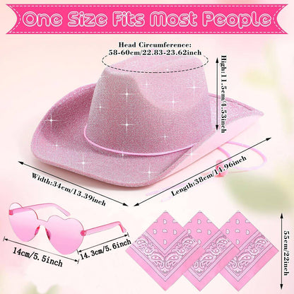 6-48Pcs Sparkly Cowboy Hat for Wedding Bachelorette Party Cowgirl Hats with Bandanas Heart Sunglasses Western Party Supplies