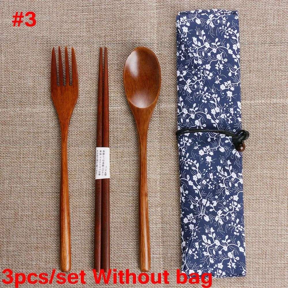 Spoon Fork Chopsticks Portable Tableware Wooden Cutlery Sets Travel Dinnerware Suit Environmental with Cloth Pack Gift