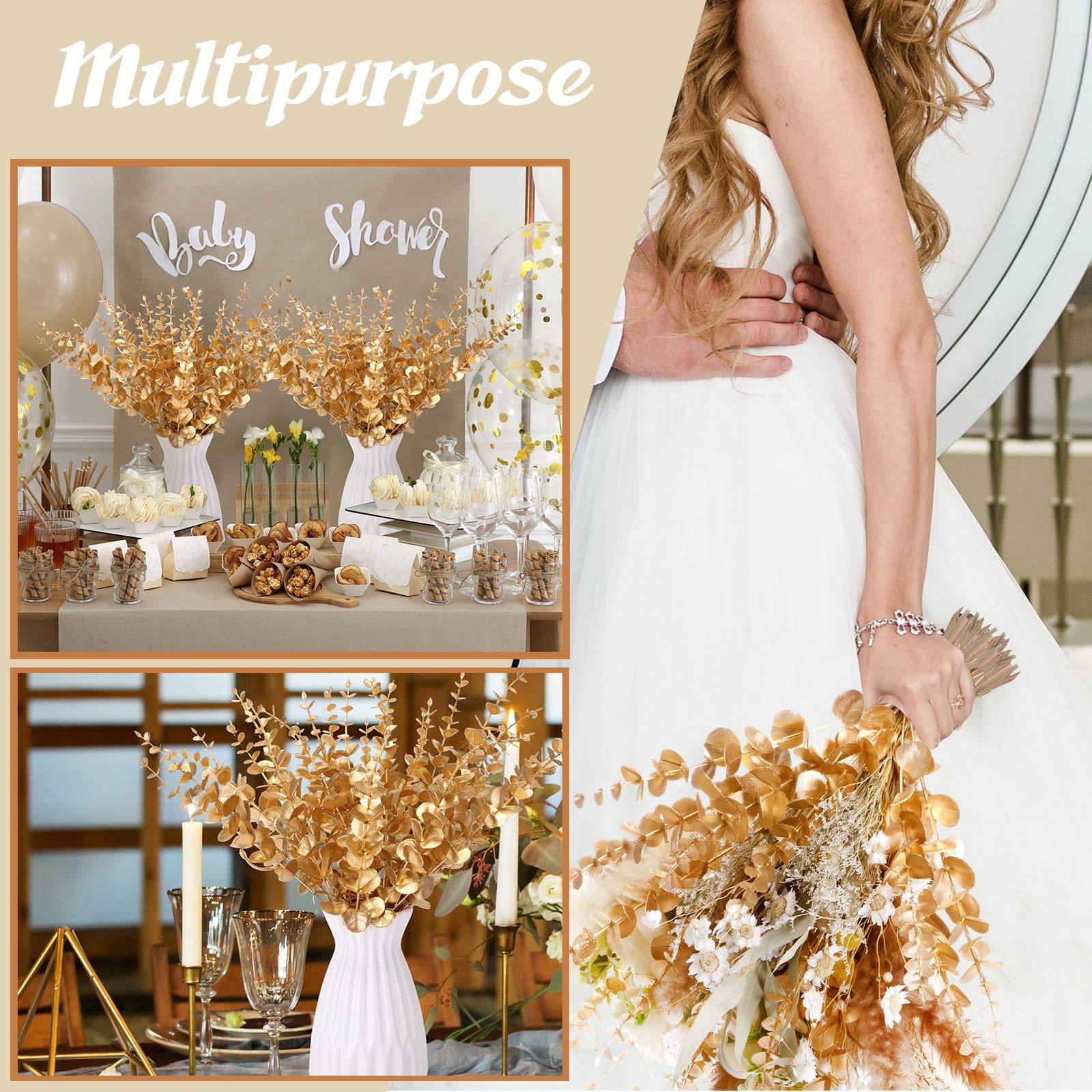 15pcs Artificial Eucalyptus Stems Gold Faux Eucalyptus Branch Wedding Bouquet DIY Decor Home Party Table Christmas Decorations