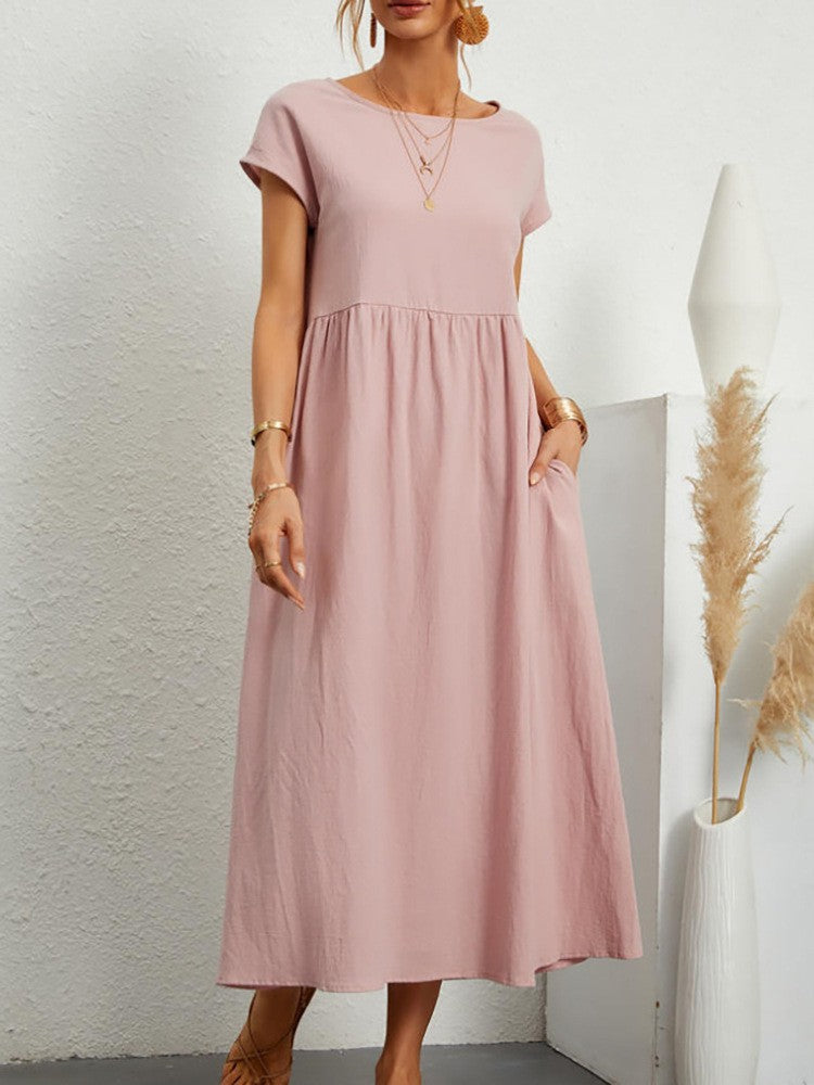 Women Vintage Solid Dress 2023 Summer Elegant O Neck Short Sleeve Cotton Linen D