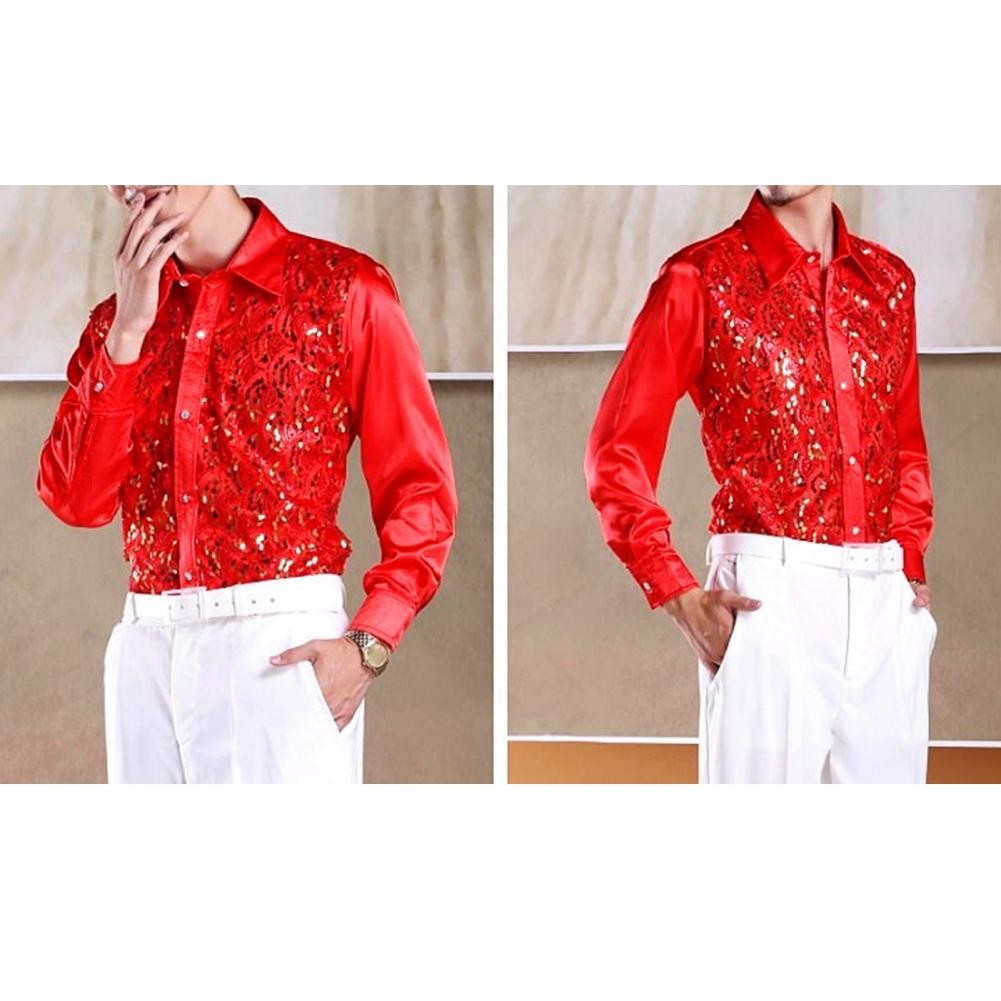 Men Sequins Shirt Adult Lapel Long Sleeved Dance Performance Shirt Costume Wedding Stage Shirt Slim Fit Casual Men Shirts Tops