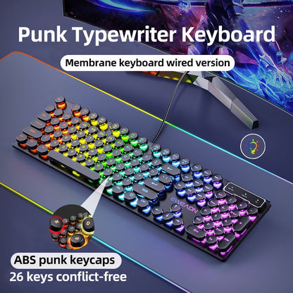 Teclado Gamer EWEADN GX330 Typewriter, 104 Teclas Retro Punk com Teclas Redondas com Fio, com Luz de Fundo RGB, para PC Laptop Windows preto