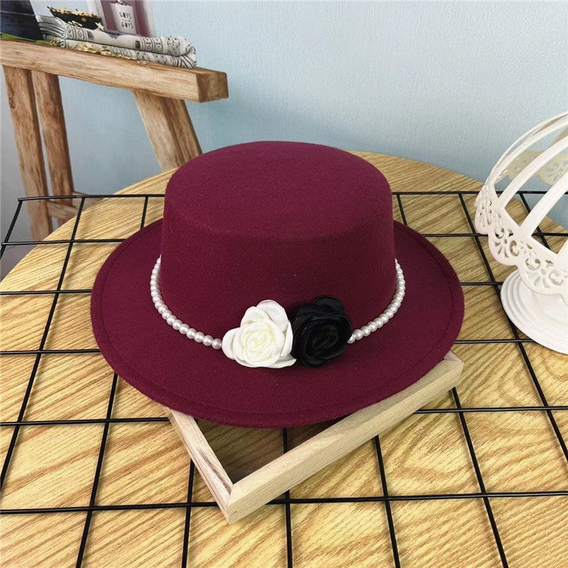 Chapéu Fedora Feminino Corrente Floral Alta Costura com Alfinetes de Pérola Boné em Relevo Preto Branco Outono Inverno Chapéu de Aba Larga para Meninas