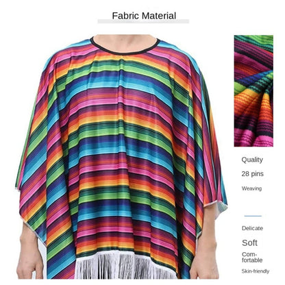 Ethnic Cloak Mexican Costume Halloween Rainbow Stripe Mexican Style Cloak Cape Dress-up Cosplay Mexican Poncho Festival Party
